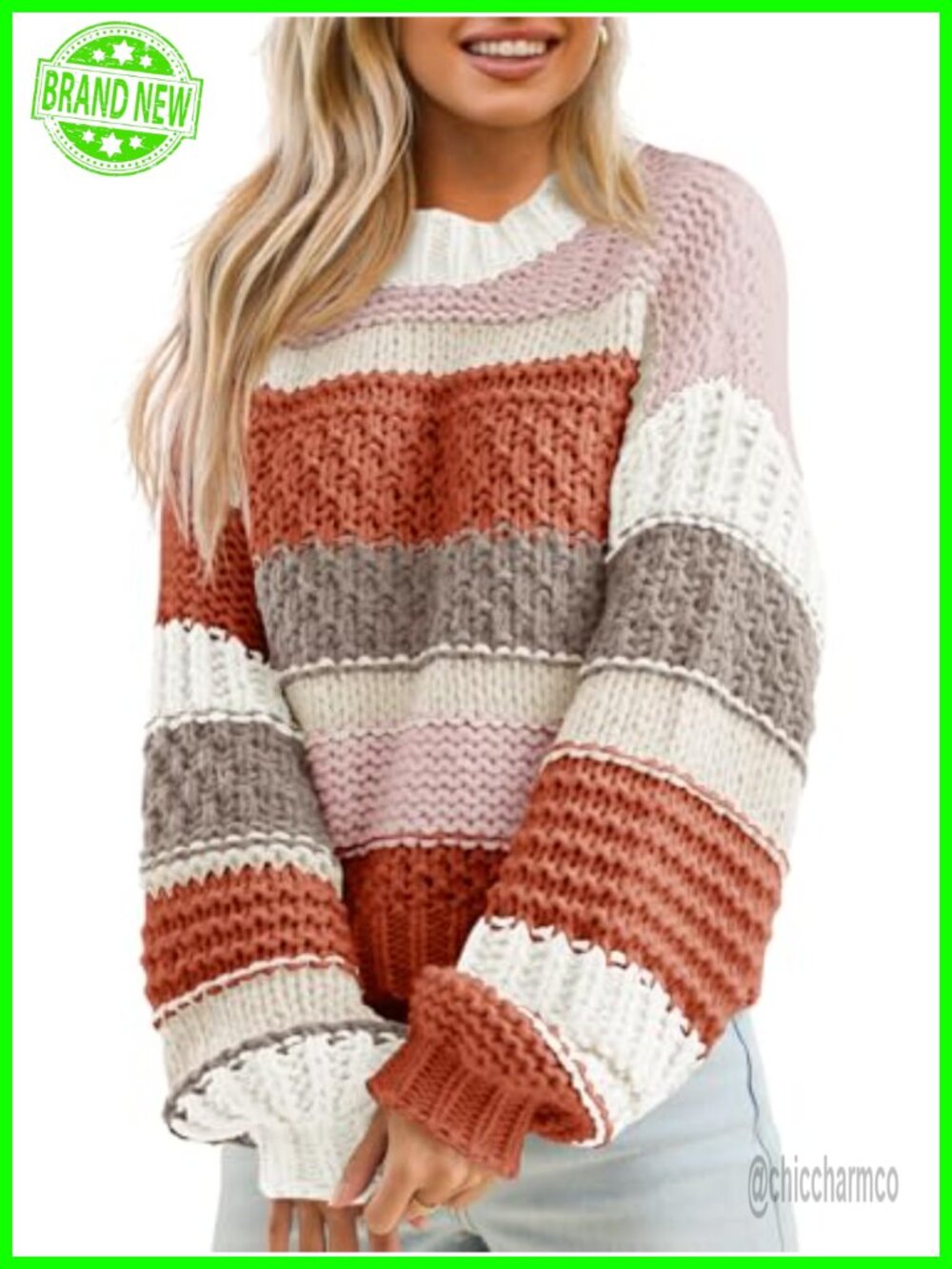 Chunky Knit Striped Cropped Sweater Pullover Crew Neck Long Sleeve Acrylic